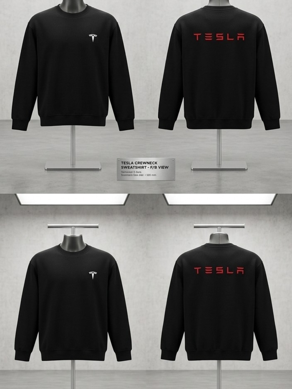 Tesla Black Crewneck Sweatshirt with Red Back Logo and White Chest Emblem